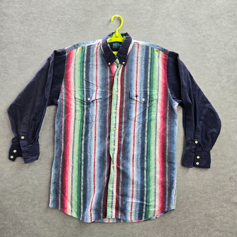 VINTAGE Lone Roo By Roper Men Button Up Shirt L Stripe Brushpopper 90s USA READ
